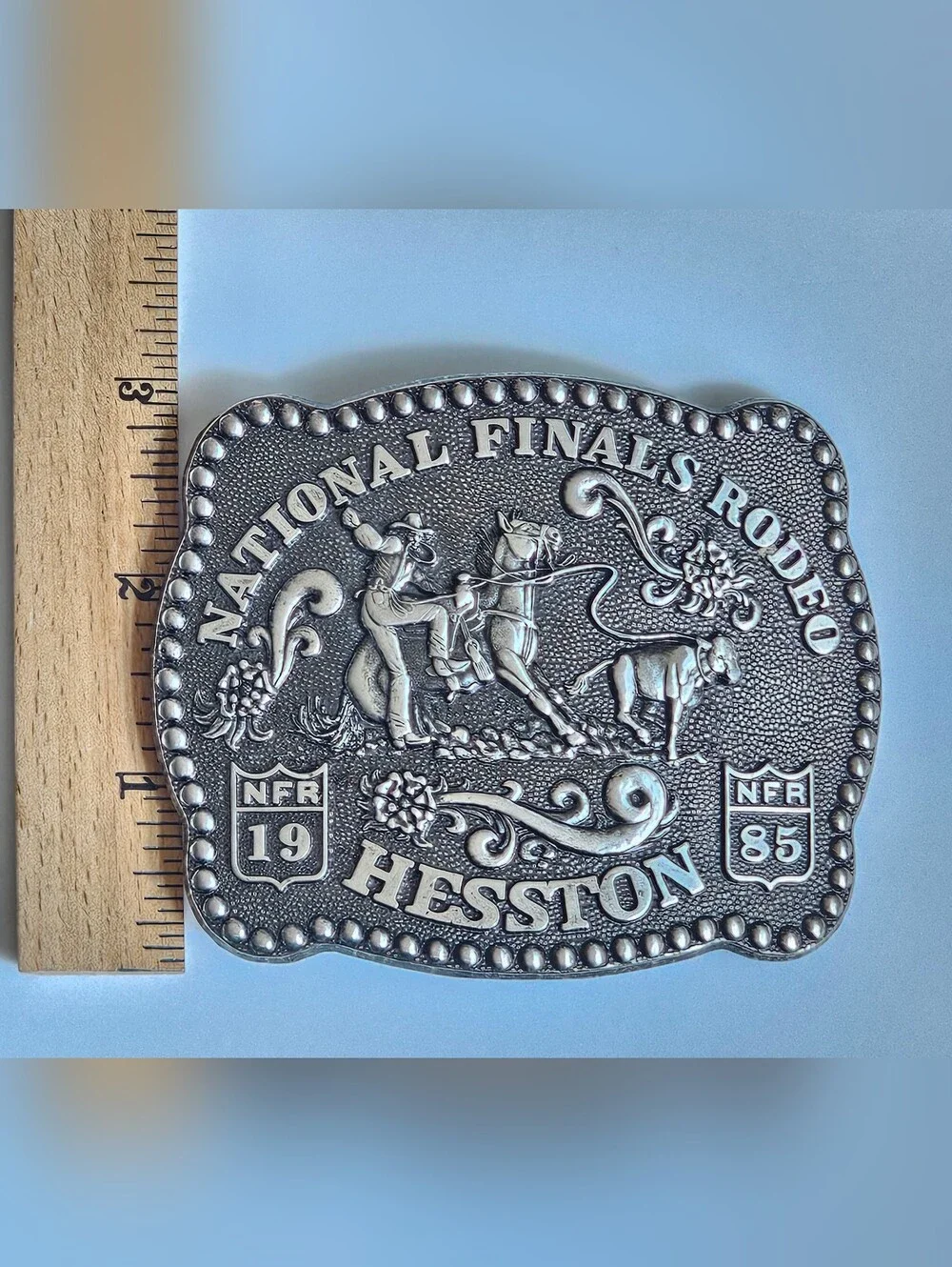 Vintage 1985 Hesston Belt buckle National Finals Rodeo Fred Fellows Design